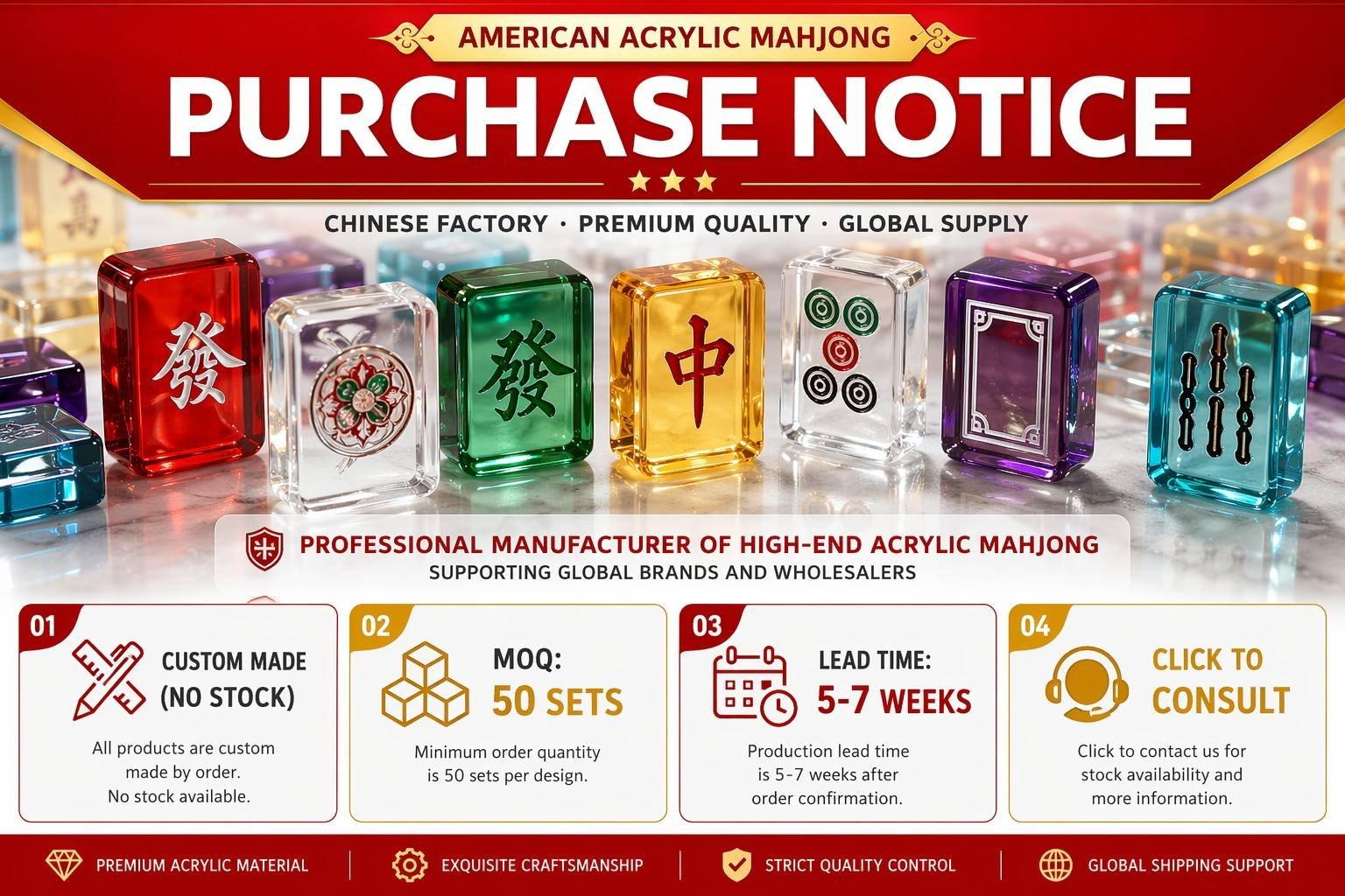 Gold Acrylic Mahjong Sets – 166 Tiles for B2B Supply — production and detail photo